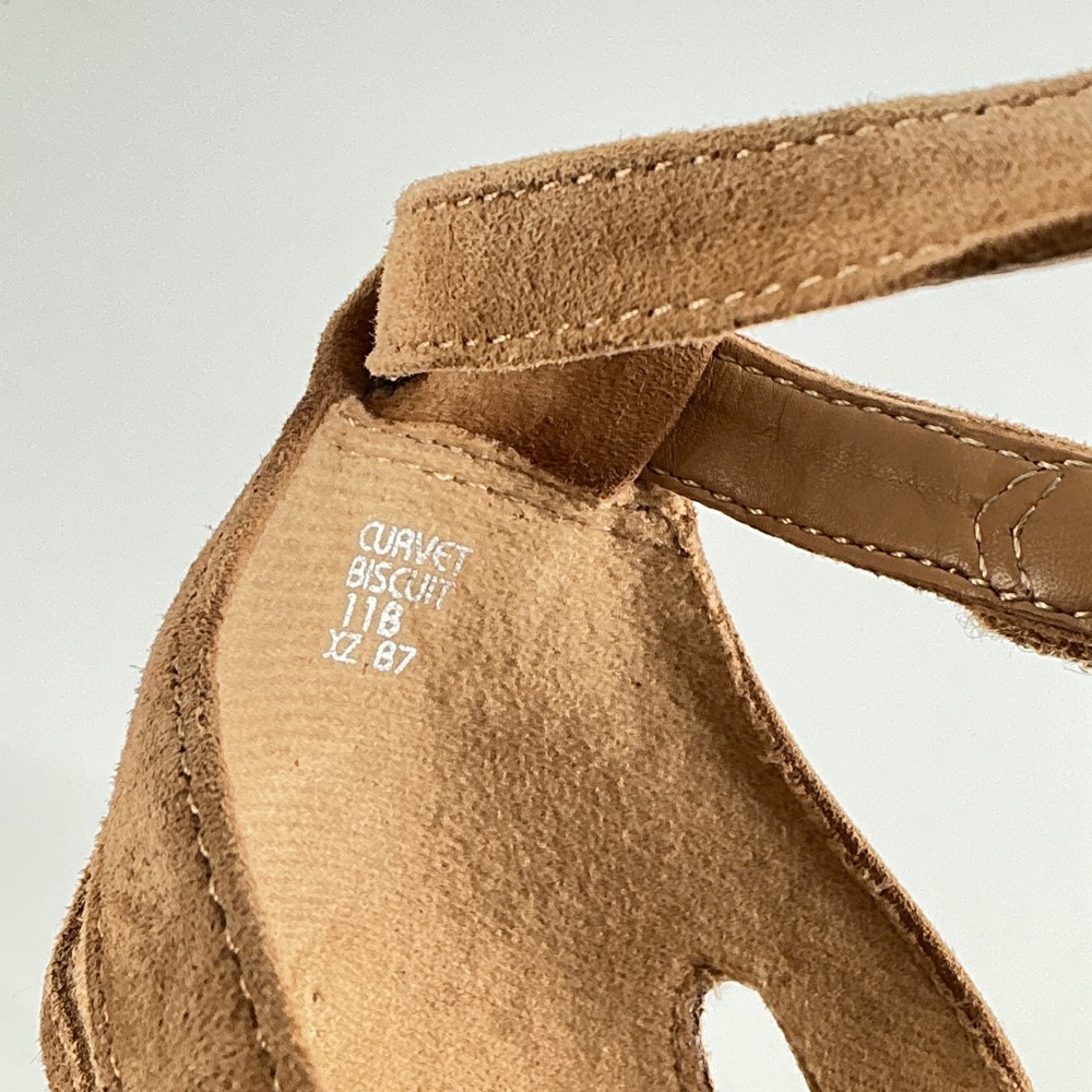 Earth Size 11 Biscuit Tan Suede Wedge Sandals Womens Ruched Ankle Strap Curvet - Picture 7 of 13